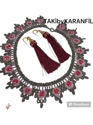 Takı By Karanfil Bordo Ağ Kolye & Küpe Takı Seti