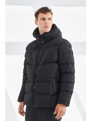 Delpino Su ve Rüzgar Geçirmez Erkek Kapüşonlu Şişme Mont Siyah Renkli Yüksek Kalite Polyester