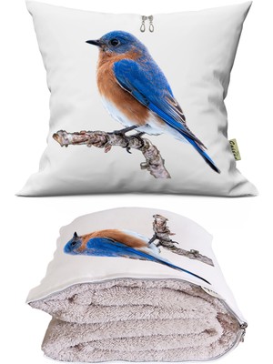 Caisya Mavi Kuş Tv Battaniyeli Opsiyonel Dekoratif Araç Içi Yastık