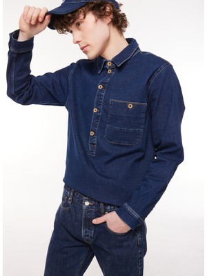 Denim Trip WILLIAM Regular Fit Yarım Pat Koyu İndigo Erkek Jean Gömlek