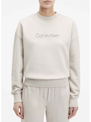 Calvin Klein Bisiklet Yaka Düz Açık Gri Kadın Sweatshırt Satın Embroıdery Sweatshırt