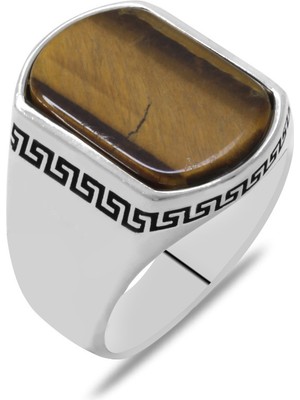 Tesbihname Flat Tasarım Kaplan Gözü Taşlı 925 Ayar Gümüş Erkek Yüzük