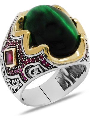 Tesbihname Yeşil Kaplangözü Taşlı Yanları Gravür Işlemeli 925 Ayar Gümüş Erkek Yüzük