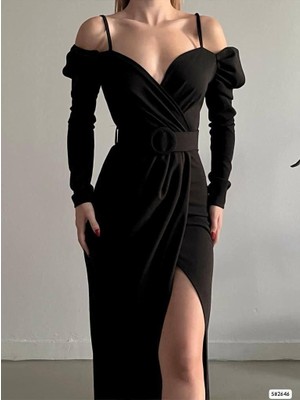 Twomeey Kadın Omuz Detay Uzun Kol Kemer Dahil Yırtmaçlı Krep Abiye Elbise (Renkli)