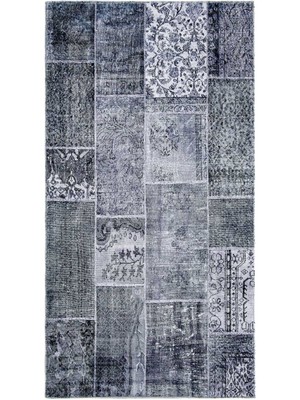 Nuvomon Kadife Patchwork Halı - Gri - 80X150 cm