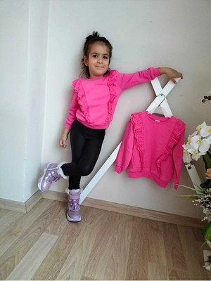 Haviniko Çocuk Giyim Pembe Düz Kız Çocuk %100 Pamuk Ön Fırfır Detaylı Sweatshirt