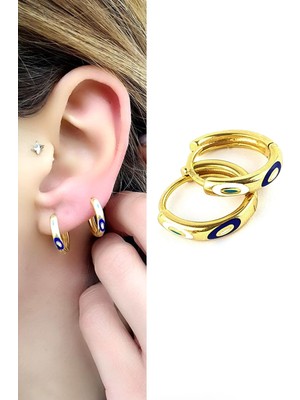 Ose Shop  Mineli Nazar Boncuklu 925 Ayar Gümüş Üzerine  Altın Kaplama Bonita Trend Halka Küpe 1.5 cm Çap