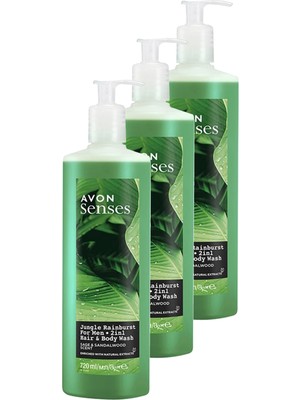 Avon Senses Jungle Rainburst Adaçayı ve Sandal Ağacı Kokulu Erkek Saç ve Vücut Şampuanı 720 ml Üçlü Set