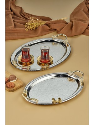Cooker 2'li Kelebekli Metal Oval  Sunum Tepsisi 49x33 cm ve 41x20 cm