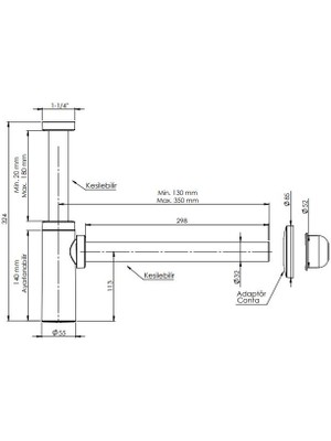 İz Yapı Moon Ayarlanabilen Lavabo Sifonu Siyah Taşmasız 300 mm Başlıklı Abs