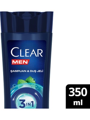 Clear Men 3 in 1 Şampuan & Duş Jeli Ferahlatıcı Mentol Saç Yüz Vücut İçin 350 ml
