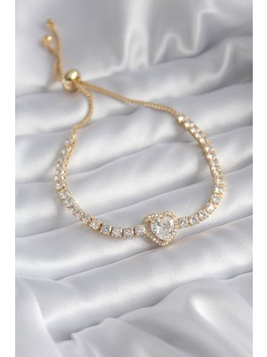 Clariss Pirinç Gold Renk Zirkon Taşlı Kalp Asansör Charm Model Seri Kadın Bileklik