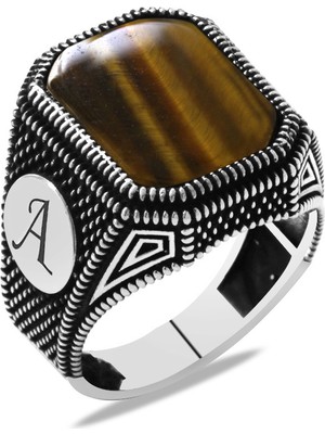 Gümüş Hediye Al Nokta Işlemeli Kaplangözü Taşlı Kişiye Özel Isim/harf Yazılı 925 Ayar Gümüş Erkek Yüzük