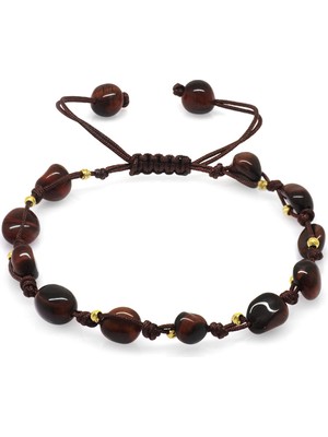 Gümüş Hediye Al Makrome Örgülü Naturel Kesim Dorika Top Detaylı Koyu Renk Kaplangözü Doğaltaş Kadın Bileklik