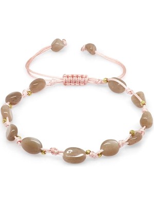 Gümüş Hediye Al Makrome Örgülü Naturel Kesim Dorika Top Detaylı Güneş Taşı Doğaltaş Kadın Bileklik