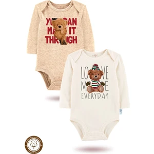 2 Li Organik "love Me Everyday" Baskılı Uzun Kollu Bebek Body Zıbın     UZUN-EKRU-BEJ15-16