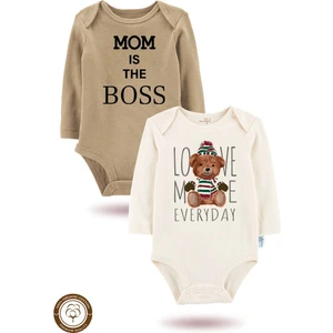 2 Li Organik "annem Patron" Baskılı Uzun Kollu Bebek Body Zıbın       UZUN-EKRU-KAHVE-15-720