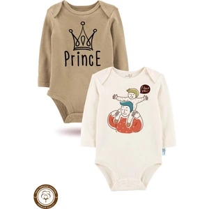 2 Li Organik "baba" Baskılı Uzun Kollu Bebek Body Zıbın       UZUN-EKRU-KAHVE-699-754