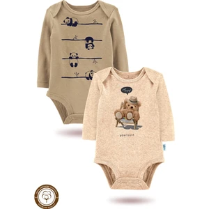 2 Li Organik "sadece Keyfini Çıkar" Baskılı Uzun Kollu Bebek Body Zıbın    UZUNBEJ-KAHVE40-745