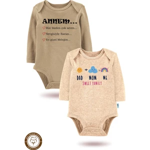 2 Li Organik "babam+Annem=ben" Baskılı Uzun Kollu Bebek Body Zıbın    UZUNBEJ-KAHVE199-820