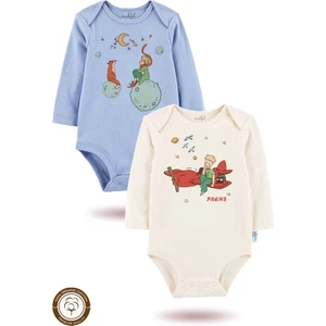 2 Li Organik "minik Prens " Baskılı Uzun Kollu Bebek Body Zıbın         Uzun-Mavi-Ekru-12-21