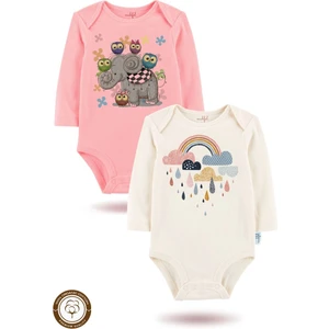 2 Li Organik "gökkuşağı" Baskılı Uzun Kollu Bebek Body Zıbın        Uzun-Somon-Ekru-42-44