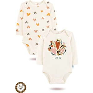 2 Li Organik "love You" Baskılı Uzun Kollu Bebek Body Zıbın       UZUN-KALP-EKRU-768