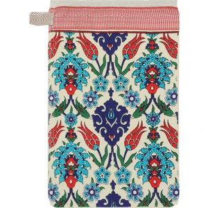 Bursa İpek Turkuaz Kırmızı Baskılı Karanfil Desen Kese