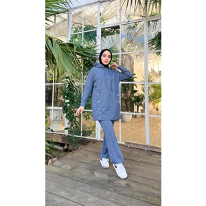 Kapşonlu Çıtçıt Detaylı Kısa Sweat Pantolon Ikili Tesettür Eşofman Takımı - 03079 - Indigo