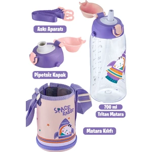 Kılıflı 2 Ayrı Kapaklı Pipetli Pipetsiz Tritan  Su Matarası 700 ml