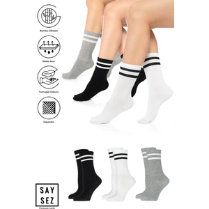 Bambu Unisex Tenis Kolej Çizgili Premium Dikişsiz Soket Çorap 3'lü Paket / Spor - Günlük Kullanım