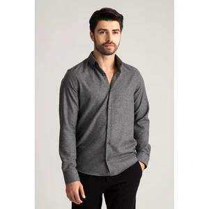 Erkek Gri Kışlık Melanj Oduncu Casual Düğmeli Yaka Cepsiz Modern Fit Gömlek