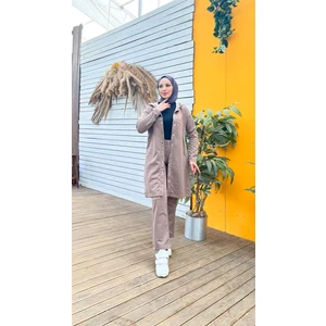 Çıtçıtlı Kapşonlu Uzun Tunik Pantolon İkili Tesettür Eşofman Takımı - 03078 - Vizon
