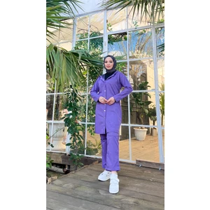 Çıtçıtlı Kapşonlu Uzun Tunik Pantolon İkili Tesettür Eşofman Takımı - 03078 - Koyu Lila