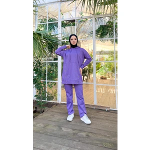 Kapşonlu Çıtçıt Detaylı Kısa Sweat Pantolon İkili Tesettür Eşofman Takımı - 03079 - Koyu Lila