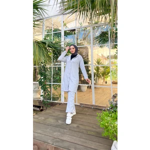 Çıtçıtlı Kapşonlu Uzun Tunik Pantolon İkili Tesettür Eşofman Takımı - 03078 - Gri