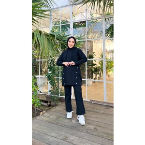 Kapşonlu Çıtçıt Detaylı Kısa Sweat Pantolon İkili Tesettür Eşofman Takımı - 03079 - Siyah