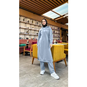 Uzun Tunik Kapşonlu Kenardan Yırtmaçlı Ikili Spor Takım - 3034 - Indigo