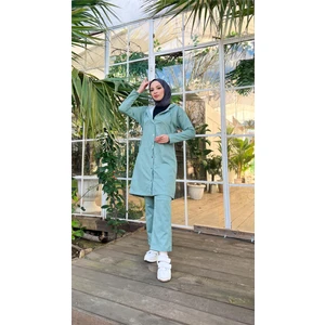 Çıtçıtlı Kapşonlu Uzun Tunik Pantolon İkili Tesettür Eşofman Takımı - 03078 - Çağla Yeşili
