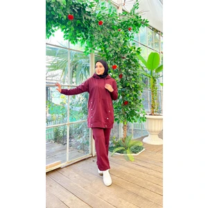 Kapşonlu Çıtçıt Detaylı Kısa Sweat Pantolon İkili Tesettür Eşofman Takımı - 03079 - Mürdüm