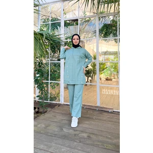 Kapşonlu Çıtçıt Detaylı Kısa Sweat Pantolon İkili Tesettür Eşofman Takımı - 03079 - Çağla Yeşili
