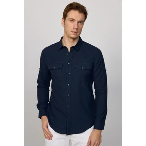 Slim Fit Uzun Kol Çift Cep Pamuk Keten Spor Yaka Lacivert Erkek Gömlek