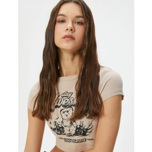 Ayıcık Baskılı Crop Tişört Slim Fit Kısa Kollu Bisiklet Yaka Pamuklu