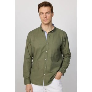 Klasik Fit Düğmeli Yaka Pamuklu Kolay Ütü Oxford Düz Haki Erkek Gömlek