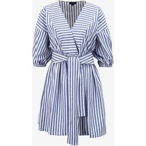 V Yaka Çizgili Beyaz - Lacivert Mini Kadın Elbise F4SL-ELB0130