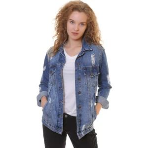 Lazer Yırtıklı ve Klasik Yakalı Uzun Kollu Cepli Klasik Kadın Kot Ceket Koyu Mavi Denim Dört Mevsim