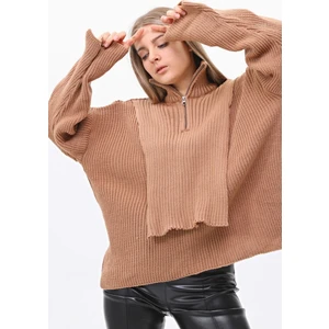 Ouz Fashion Kadın Boğazı Dik Fermuarlı Yaka Kol Detaylı Triko