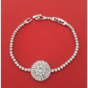 Gümüş Renk Zirkon Taşlı  Su Yolu Model Çiçek Detaylı  Çift Anahtarlı  Özel Tasarım Gece Işıltısı Şahane 316 L Çelik Bileklik [ Uzunluk 1 Kademe 17,5 cm 2 Kademe 20 cm Genişlik 2.5 Mm.]