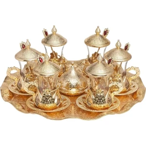 KT Home Çay Seti Osmanlı Motifli Kaşıklı Çay Sunum Seti Türk Çay Bardağı Seti Geleneksel Türk Motifleri 6 Lı