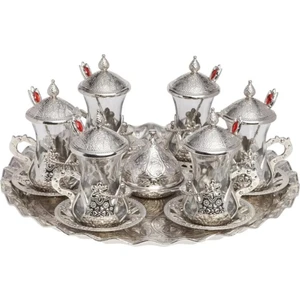 KT Home Çay Seti Osmanlı Motifli Kaşıklı Çay Sunum Seti Türk Çay Bardağı Seti Geleneksel Türk Motifleri 6 Lı